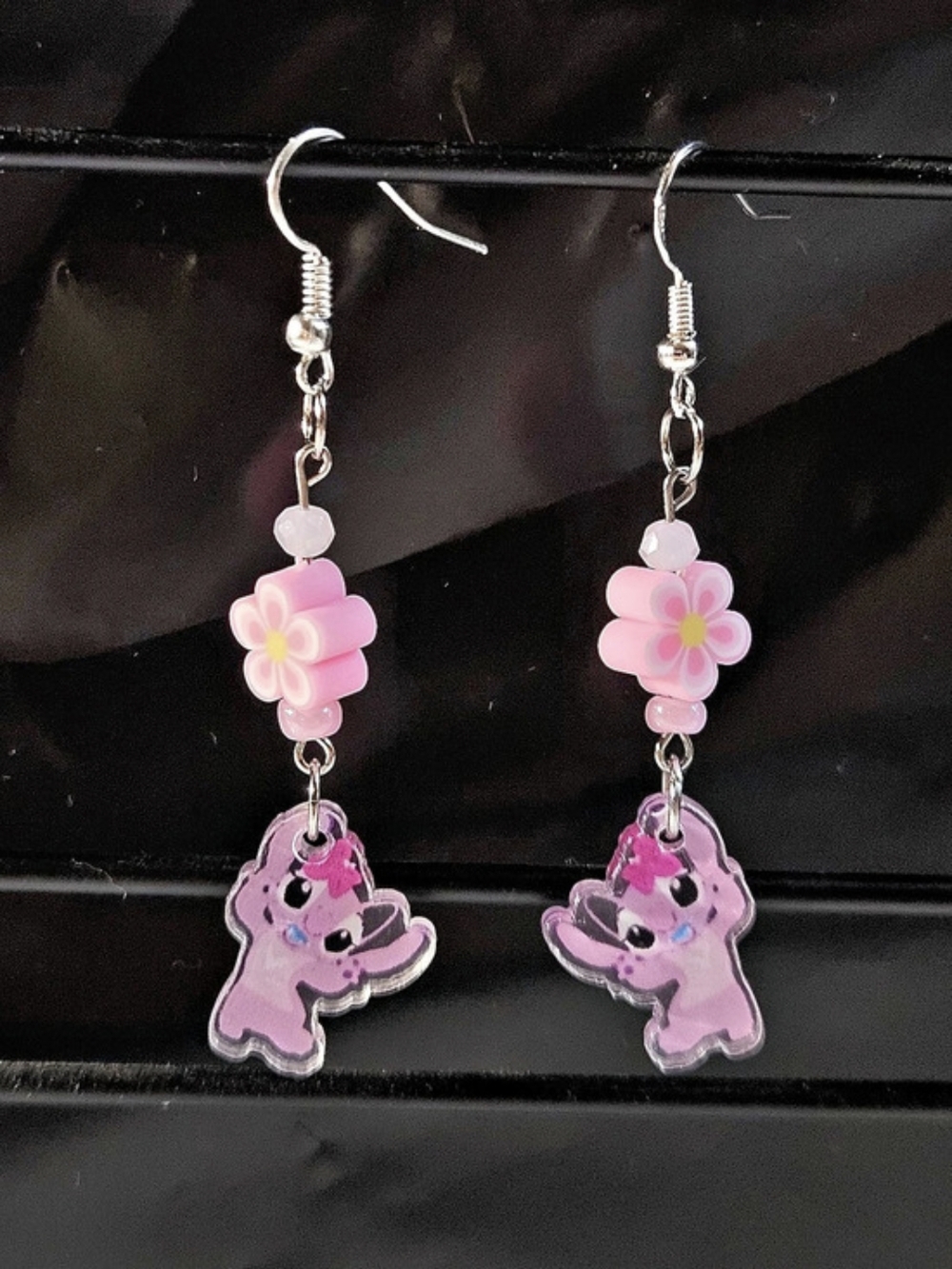 Pink Alien Charm Flower Earrings | New | Handmade